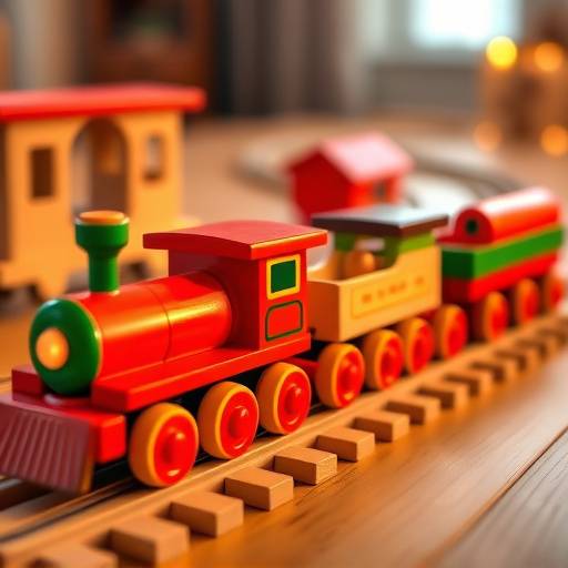 A classic wooden train set with colorful cars and tracks