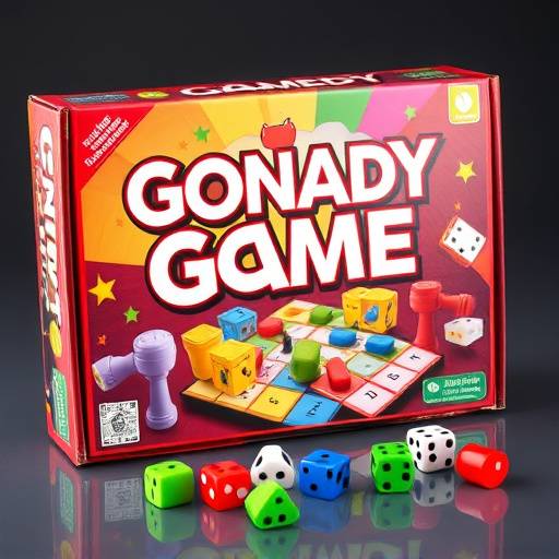 A colorful board game box with dice and playing pieces