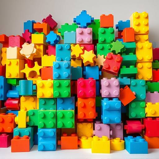 A colorful set of interlocking building blocks in various shapes and sizes