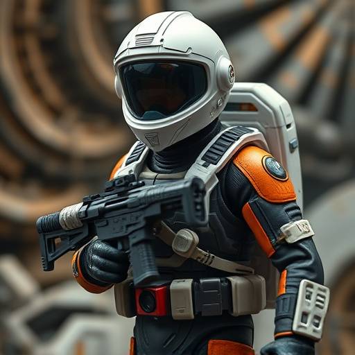 A realistic action figure of a space explorer with a helmet and laser gun