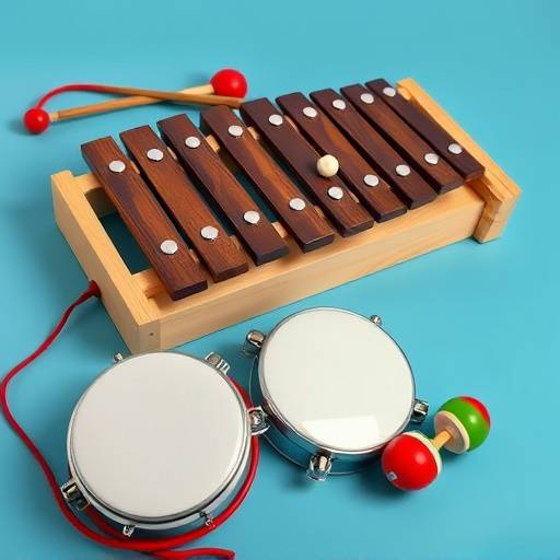 A set of musical instruments including a xylophone, tambourine, and maracas