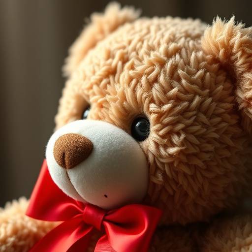 Close-up of a plush teddy bear with a red bow, part of the 'Cozy Cuddles' collection, designed for ages 3+.